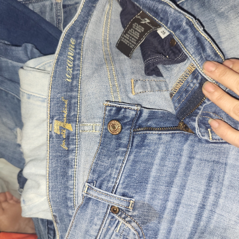 7 For All Mankind Blue Skinny Jeans with Golden Stitching